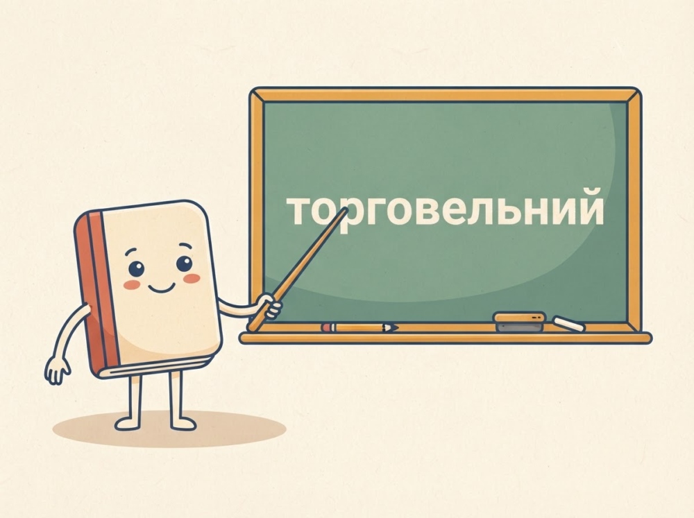 Персонаж біля дошки: усміхнений блокнот із ручкою показує указкою на шкільну дошку, на якій написано слово «торговельний».
