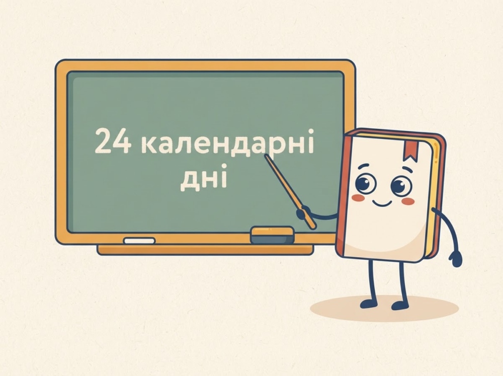 Персонаж біля дошки: усміхнений блокнот із закладкою тримає указку й показує на напис на дошці «24 календарні дні».