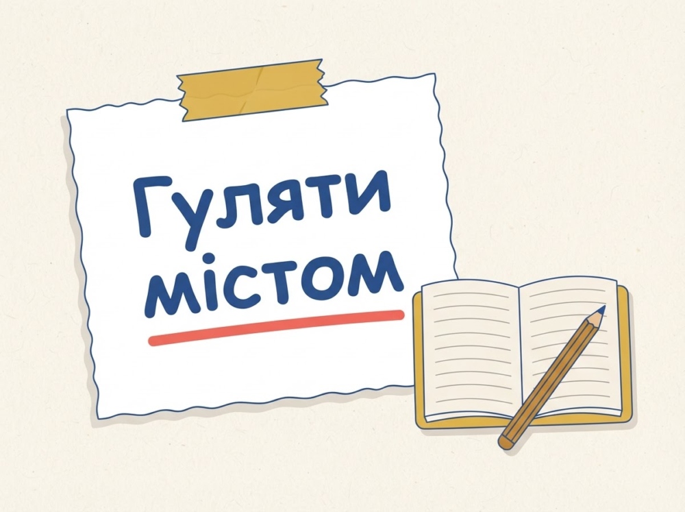Картка-правило: на картці фраза «Гуляти містом», слово «містом» підкреслене суцільною лінією; поруч лежить блокнот.