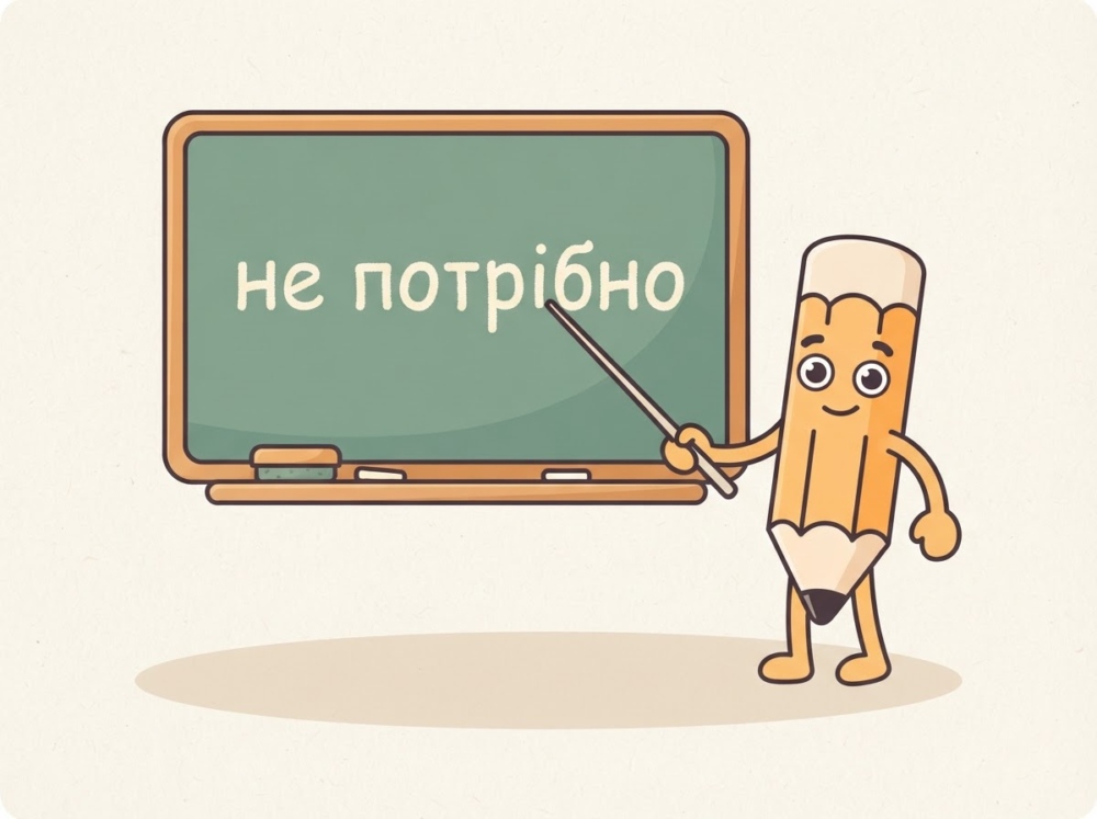 Персонаж біля дошки: усміхнений олівець показує указкою на шкільну дошку, на якій крейдою написано «не потрібно».