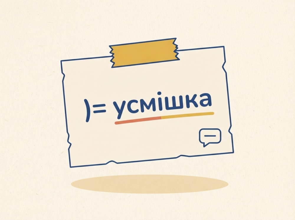 Картка-правило: на картці написано «) = усмішка», слово «усмішка» підкреслене жовтою рискою; поруч намальований значок повідомлення.