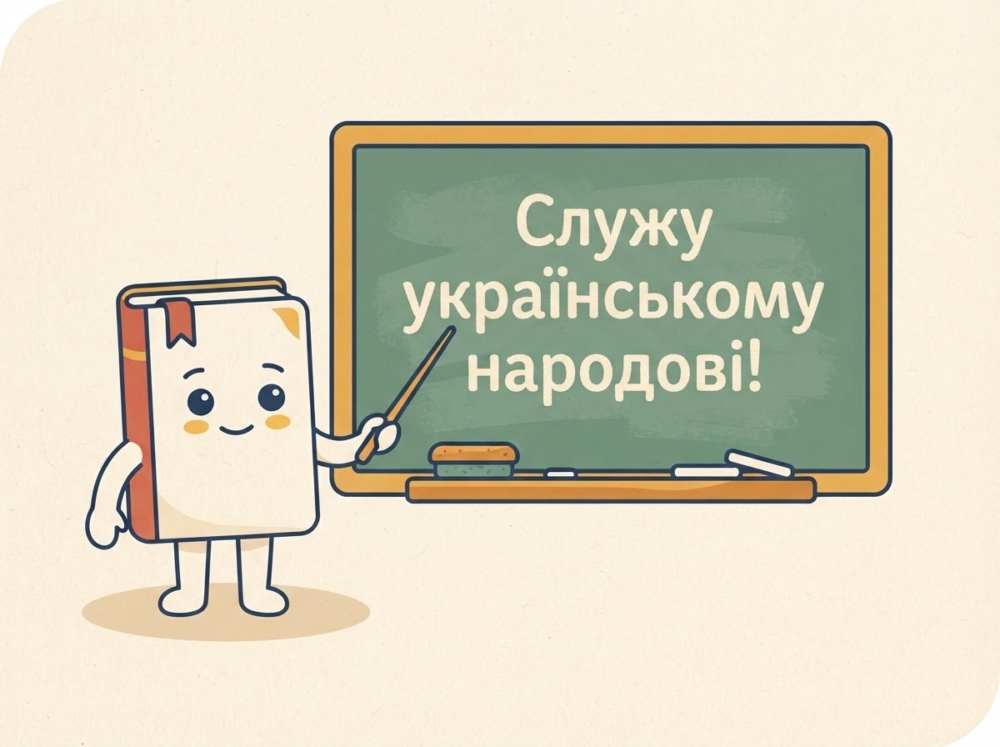 Персонаж біля дошки: військовий блокнот із закладкою-стрічкою показує указкою на дошку, де написано «Служу українському народові!».
