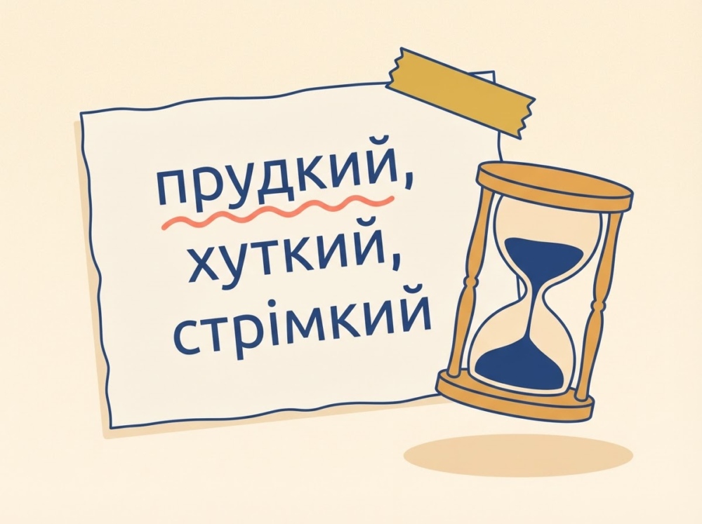 Картка-правило: на паперовій картці написано «прудкий, хуткий, стрімкий», слово «прудкий» підкреслене хвилястою лінією; поруч лежить пісочний годинник.