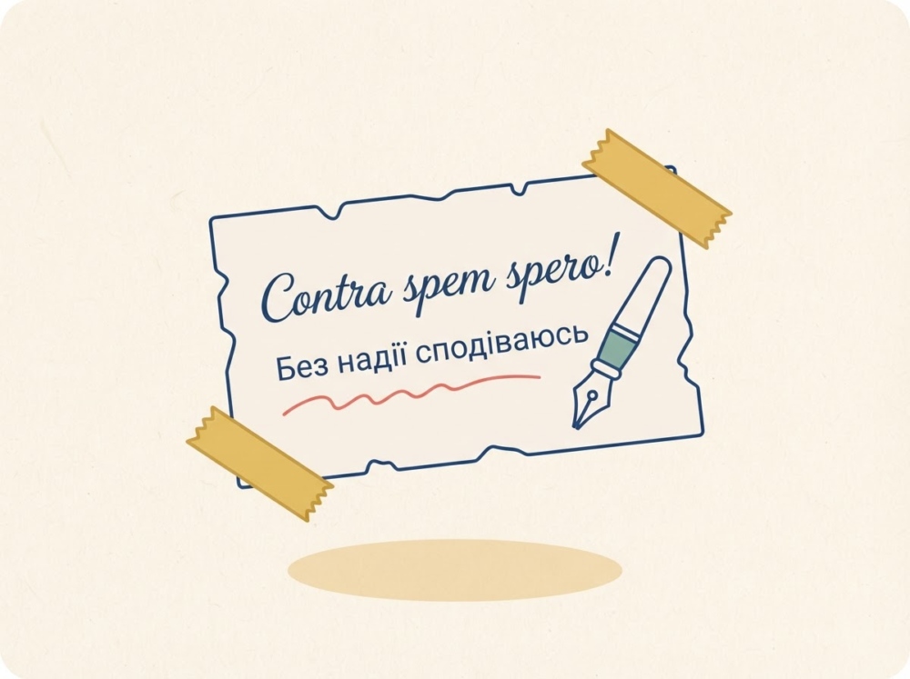 Картка-правило: на світлій картці каліграфічно написано «Contra spem spero!», під ним переклад «Без надії сподіваюсь»; поруч намальоване перо для чорнила.