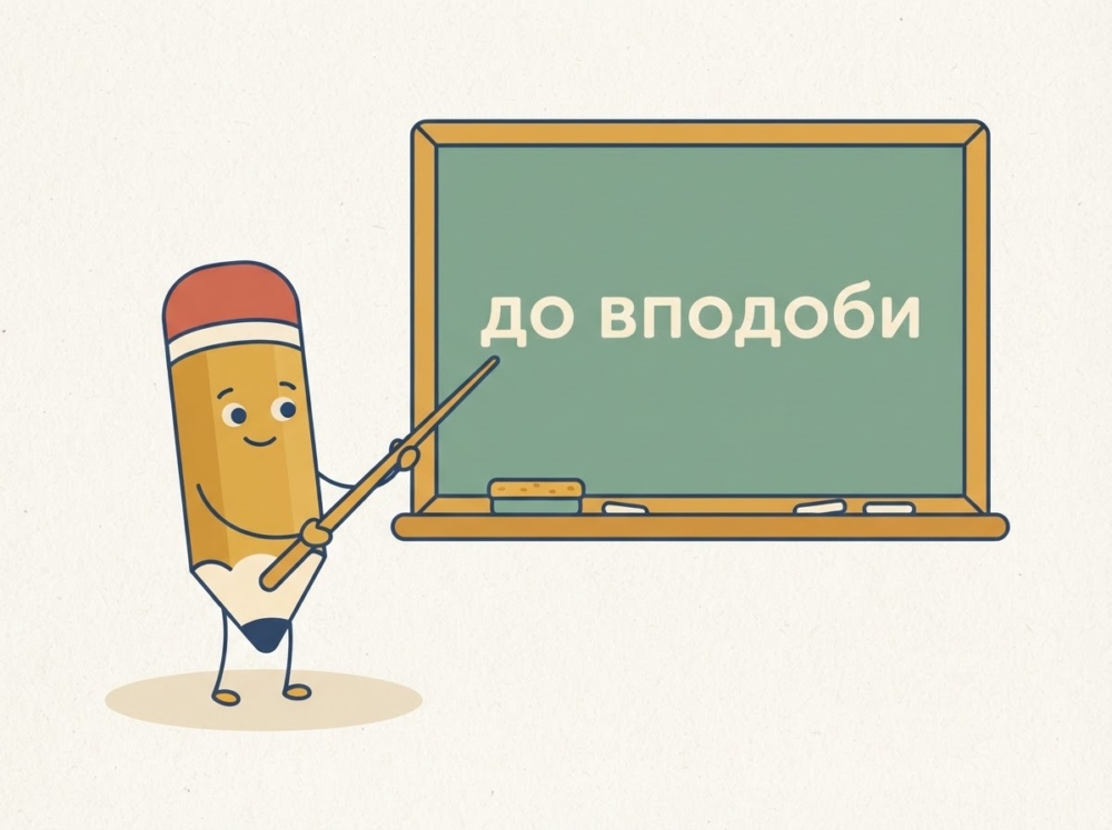 Персонаж біля дошки: усміхнений олівець із очима показує указкою на зелену дошку, де написано словосполучення «до вподоби».