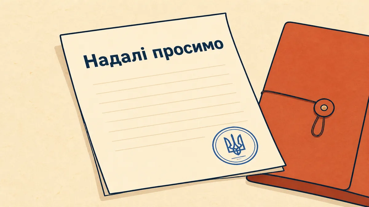 Діловий лист із початком речення «Надалі просимо» та тека для документів