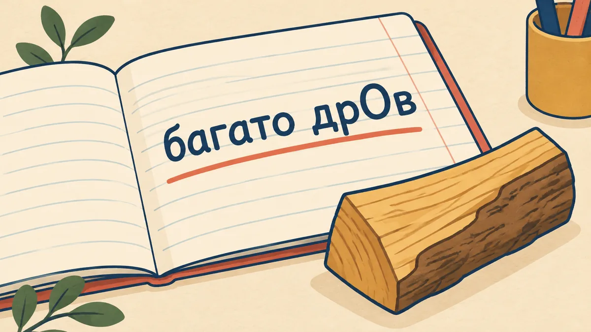 Граматична картка з написом багато дрОв і дерев'яне поліно