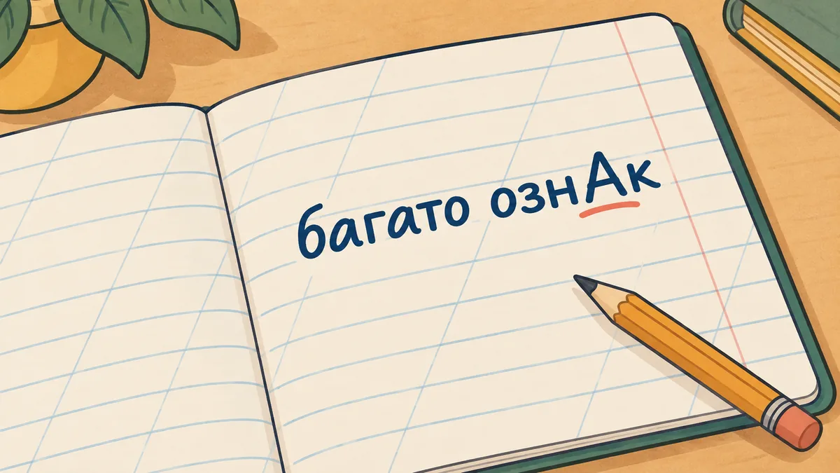 Запис у зошиті зі словом ознак у родовому відмінку множини