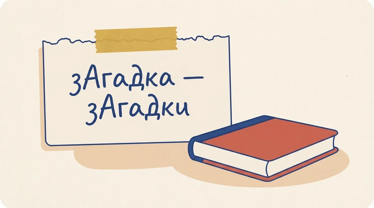 Картка на скотчі з формами зАгадка та зАгадки поруч із книжкою