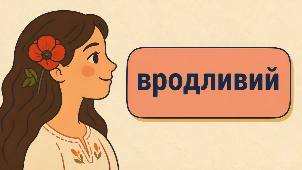Стилізований портрет дівчини з квіткою у волоссі та напис «вродливий».