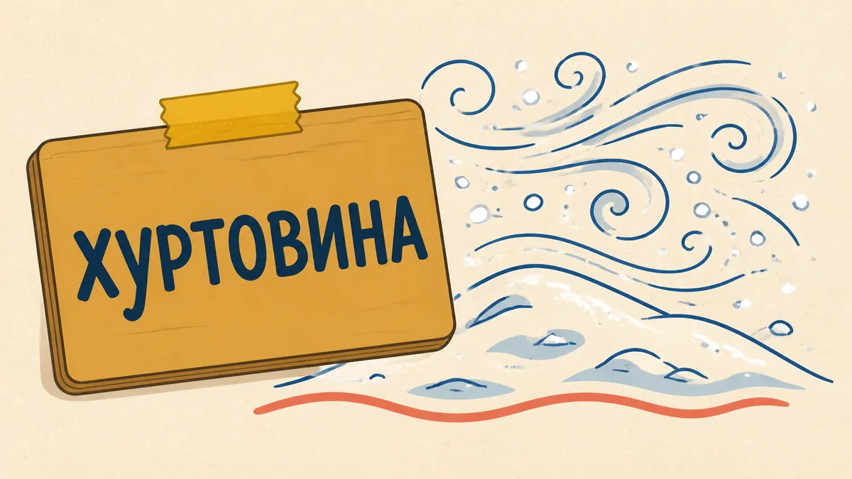 Картка зі словом «хуртовина» поруч із графічним зображенням зимового вітру над пагорбом