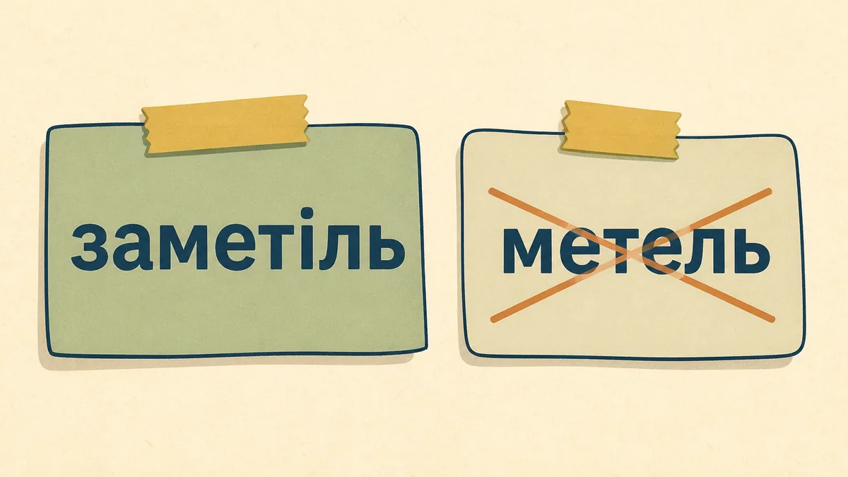 Порівняння правильного слова «заметіль» та перекресленого слова «метель»