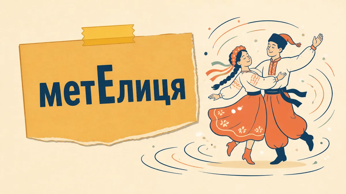 Слово «метЕлиця» з наголошеною великою літерою Е поруч із силуетом танцю