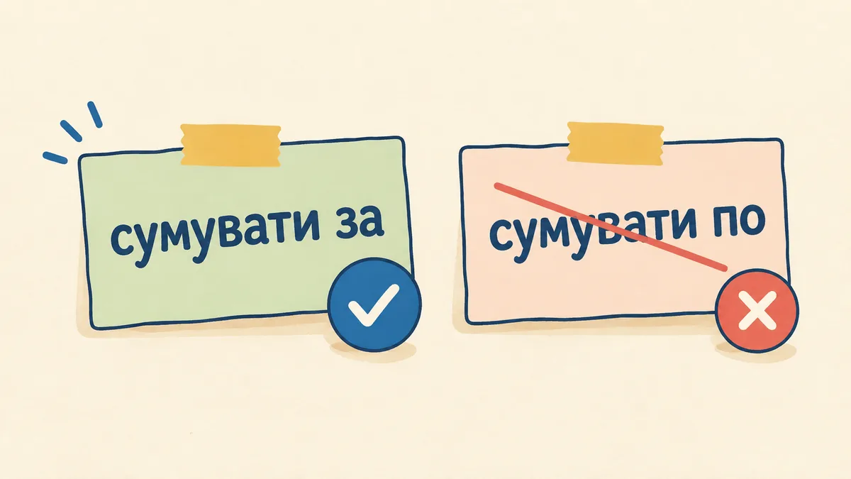 Дві картки з порівнянням прийменників: правильний варіант сумувати за та розмовний сумувати по