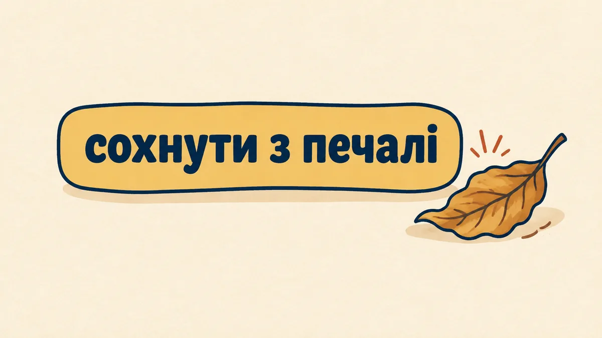 Картка з українським фразеологізмом сохнути з печалі та стилізованим осіннім листочком