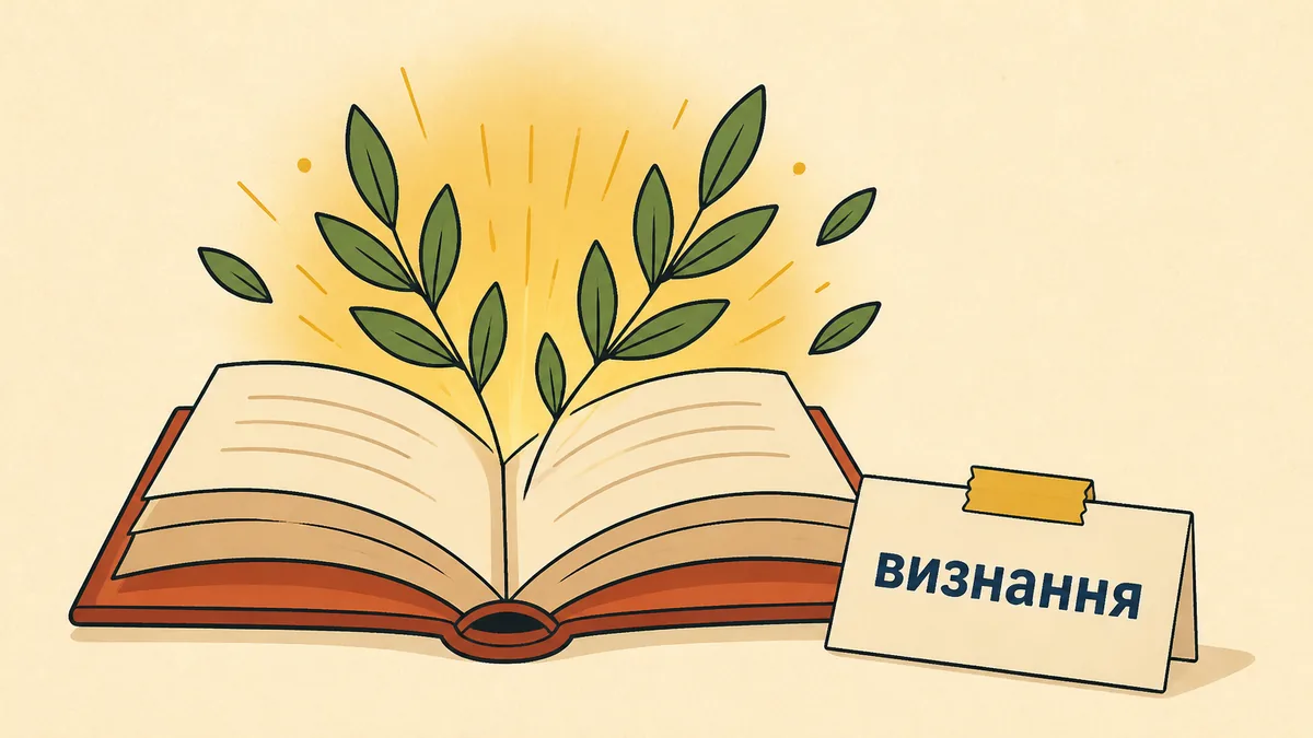 Розгорнута книга з лавровими листочками та картка зі словом визнання
