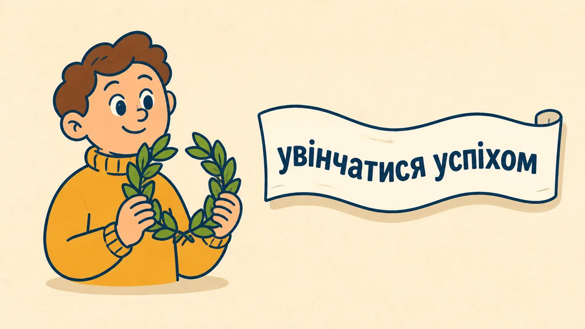 Персонаж із лавровим вінком та напис зі сталим висловом увінчатися успіхом
