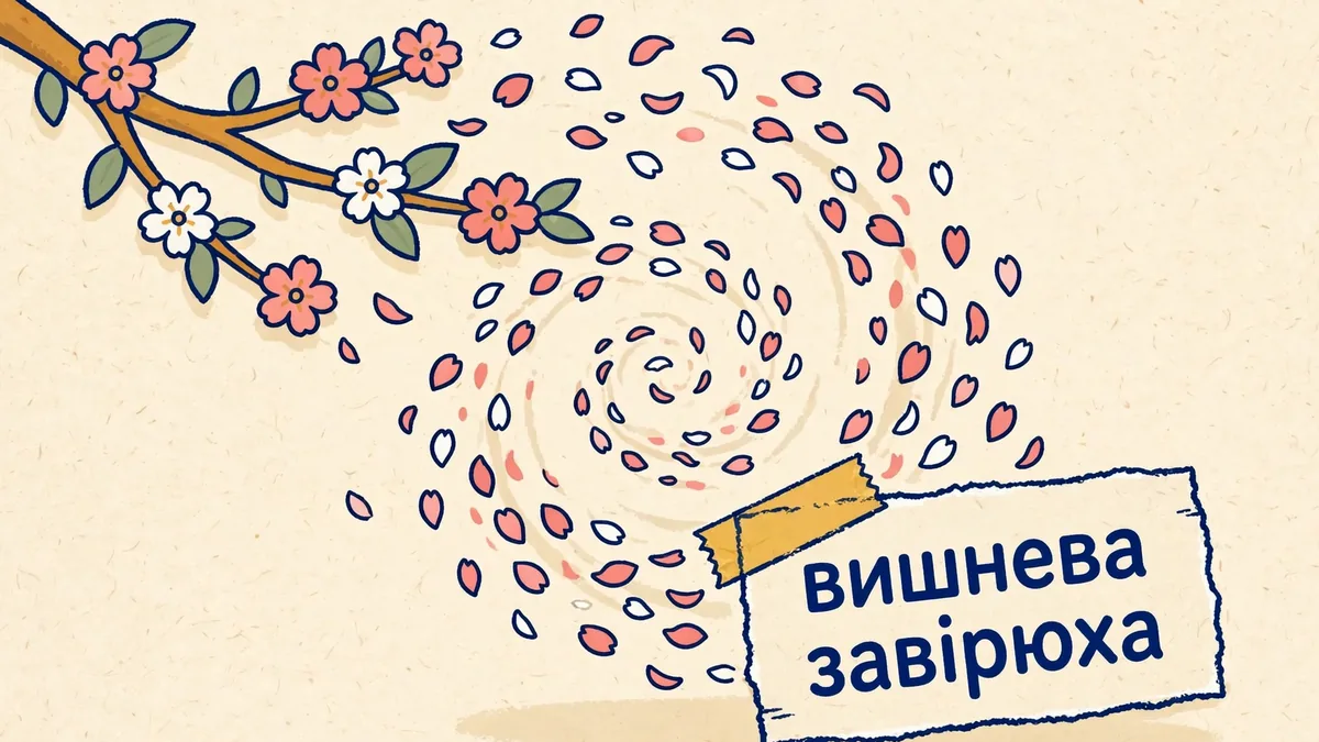 Гілка квітучої вишні, з якої вітер зриває пелюстки у вихор
