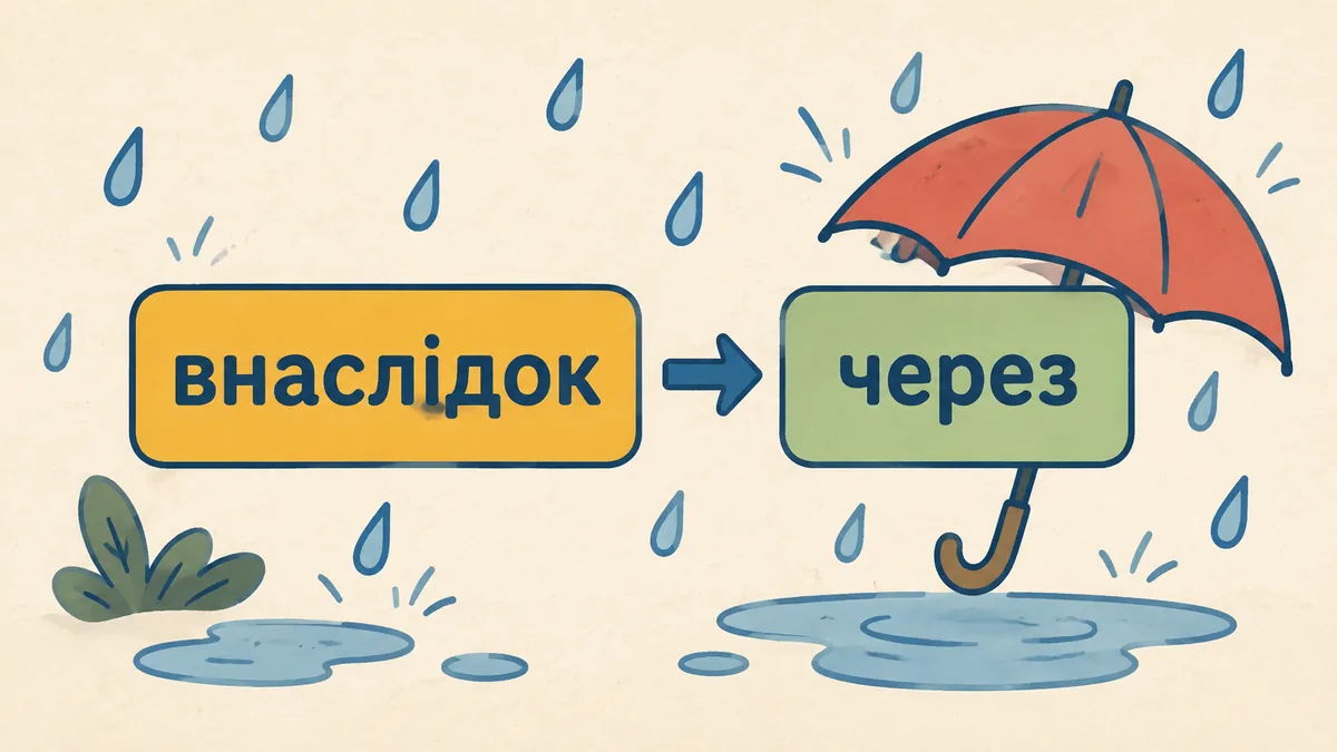 Дві плашки зі словами «внаслідок» та «через», з'єднані стрілкою заміни синонімів