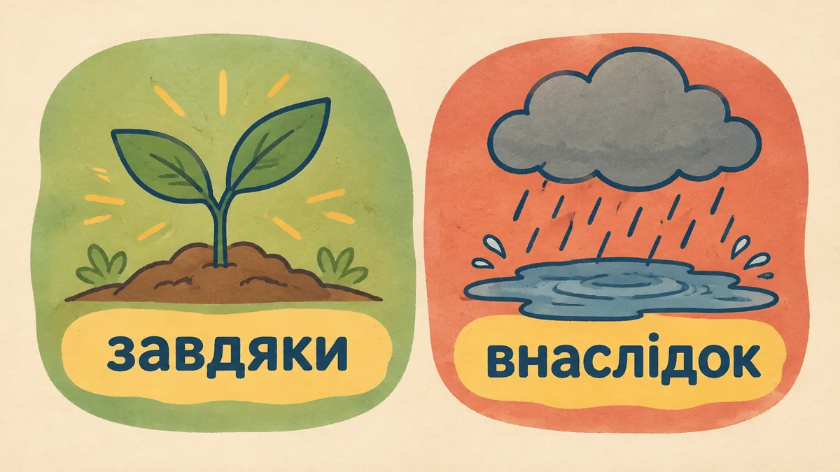 Порівняння значень: зелена плашка зі словом «завдяки» та коралова зі словом «внаслідок»