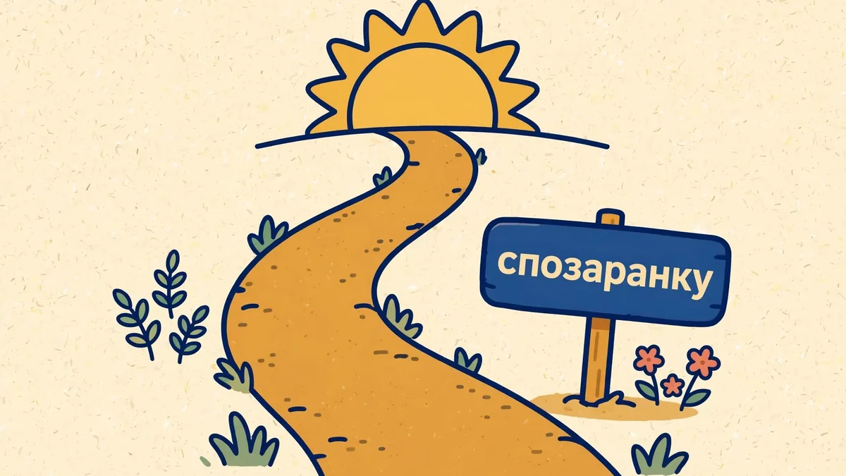 Ранкова дорога зі сходом сонця та табличкою зі словом спозаранку